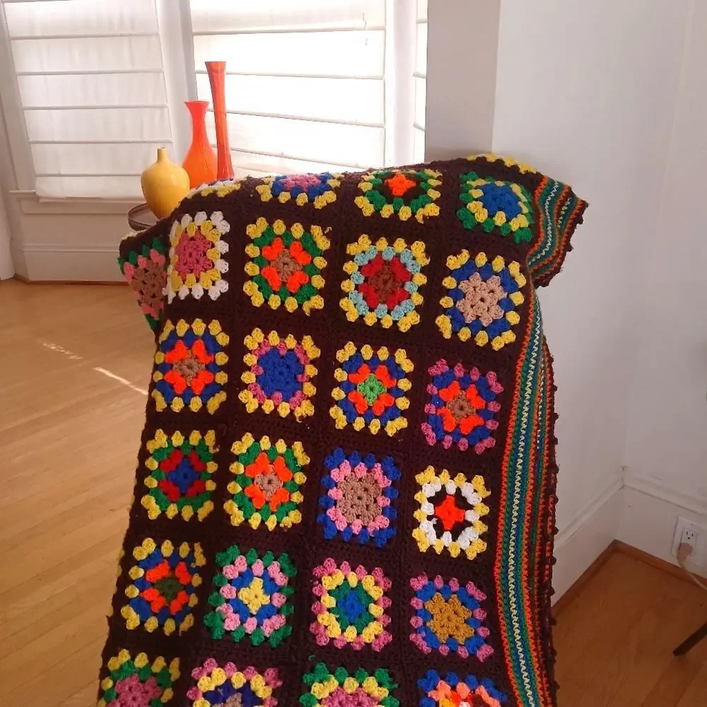 Vintage 70's Handmade Blanket Granny Square Farmhouse Multi-Color Crochet Unique